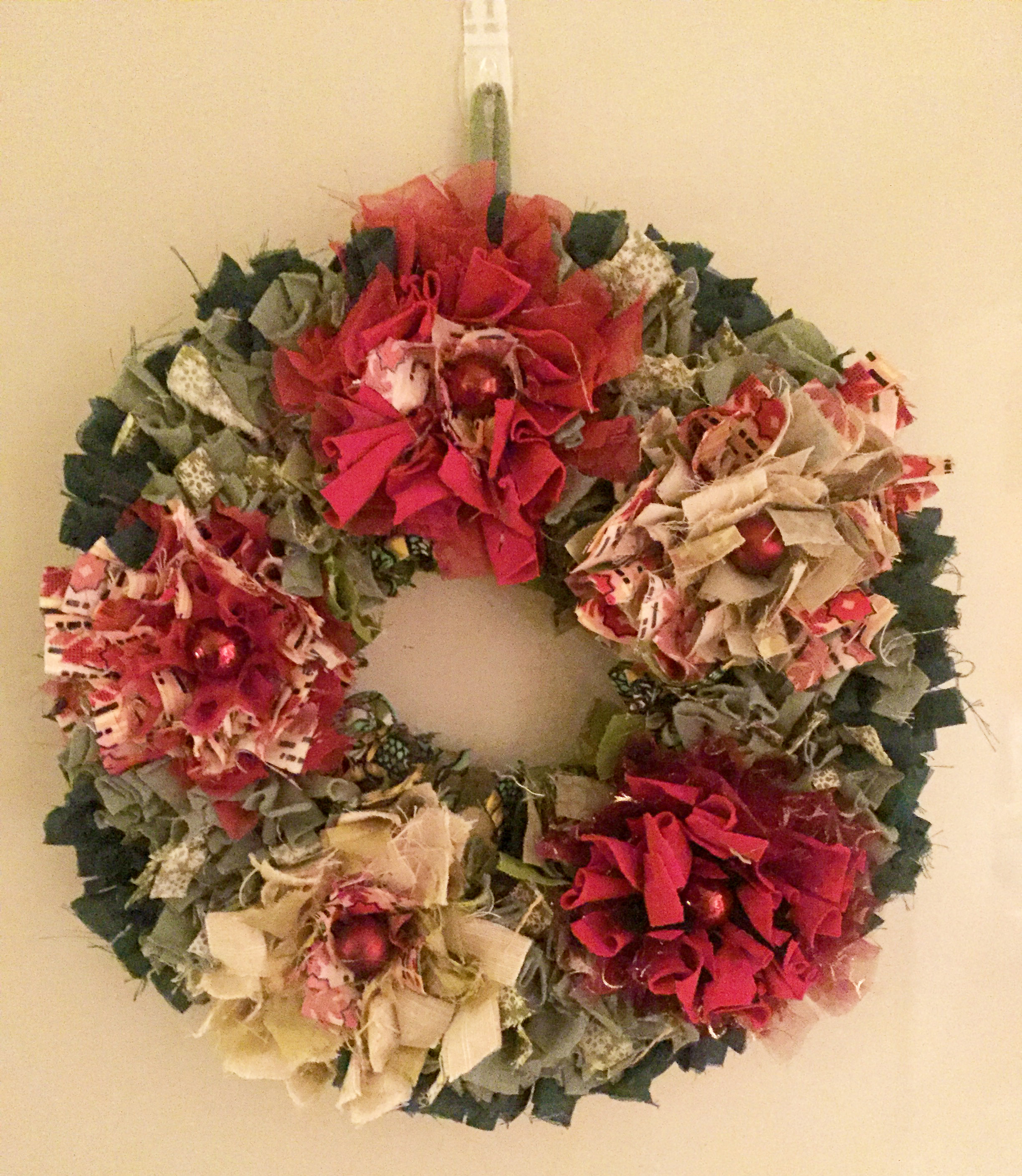 Red and Green Rag Rug Christmas Wreath with Mini Baubles