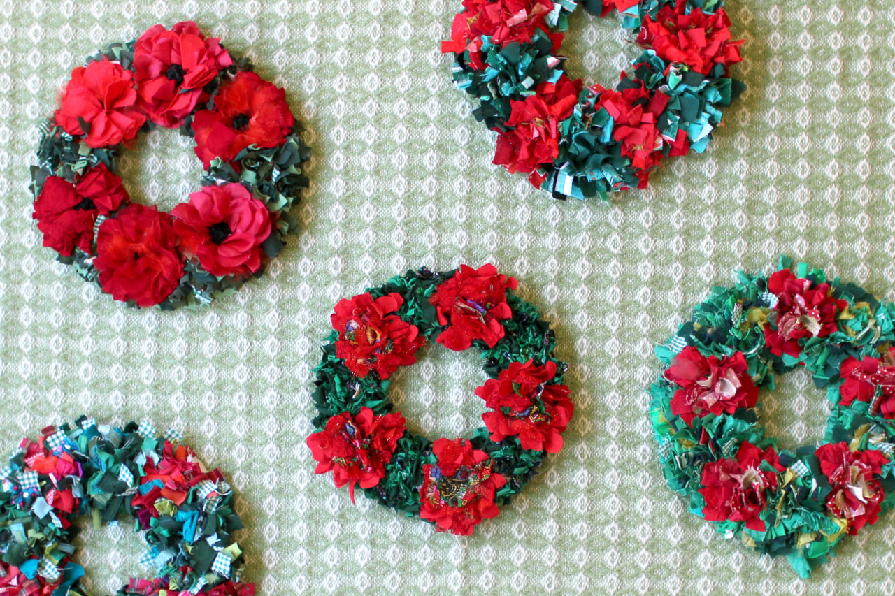 Ragged Life Rag Rug Wreaths made using recycled clothing and textile waste for Christmas