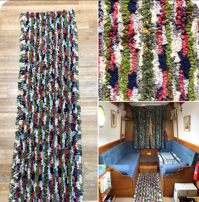 Handmade hooked woollen rag rug on a narrowboat