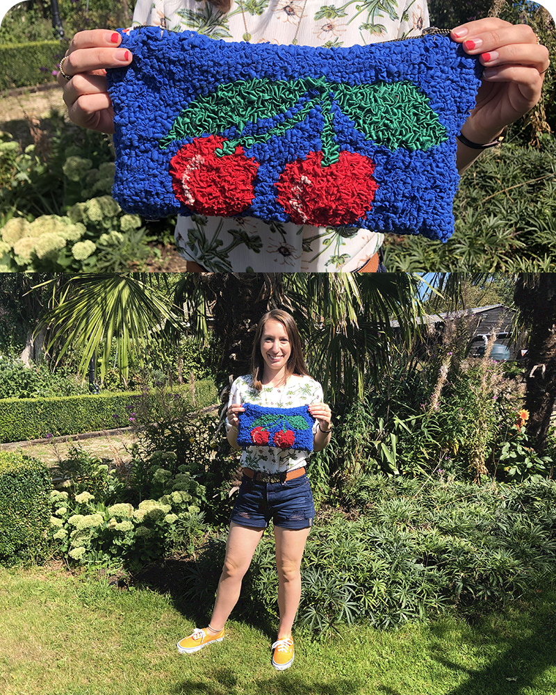 Blue rag rug purse with red cherries 