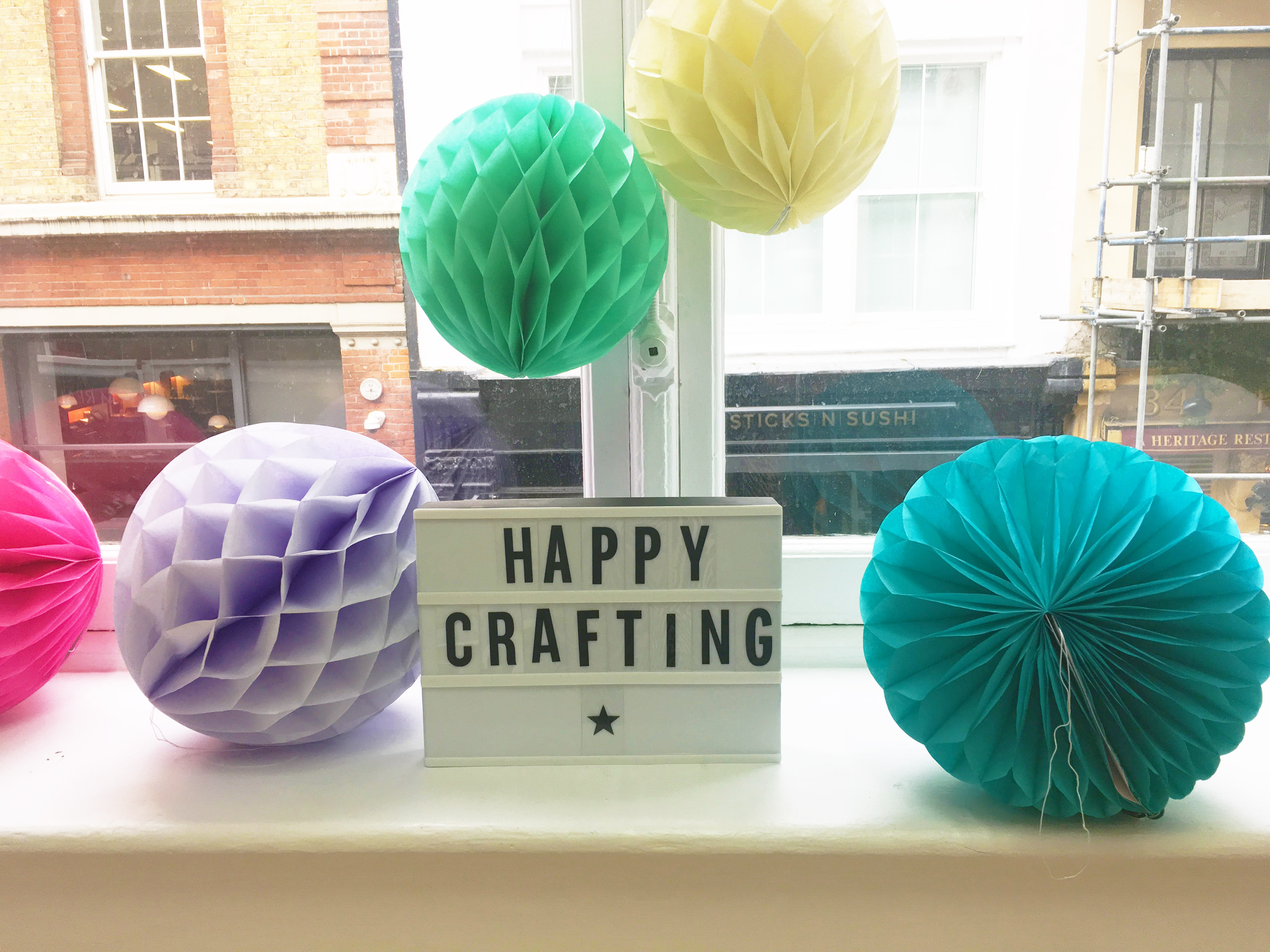 Happy Crafting Lightbox in the window at Tea and Crafting in Covent Garden