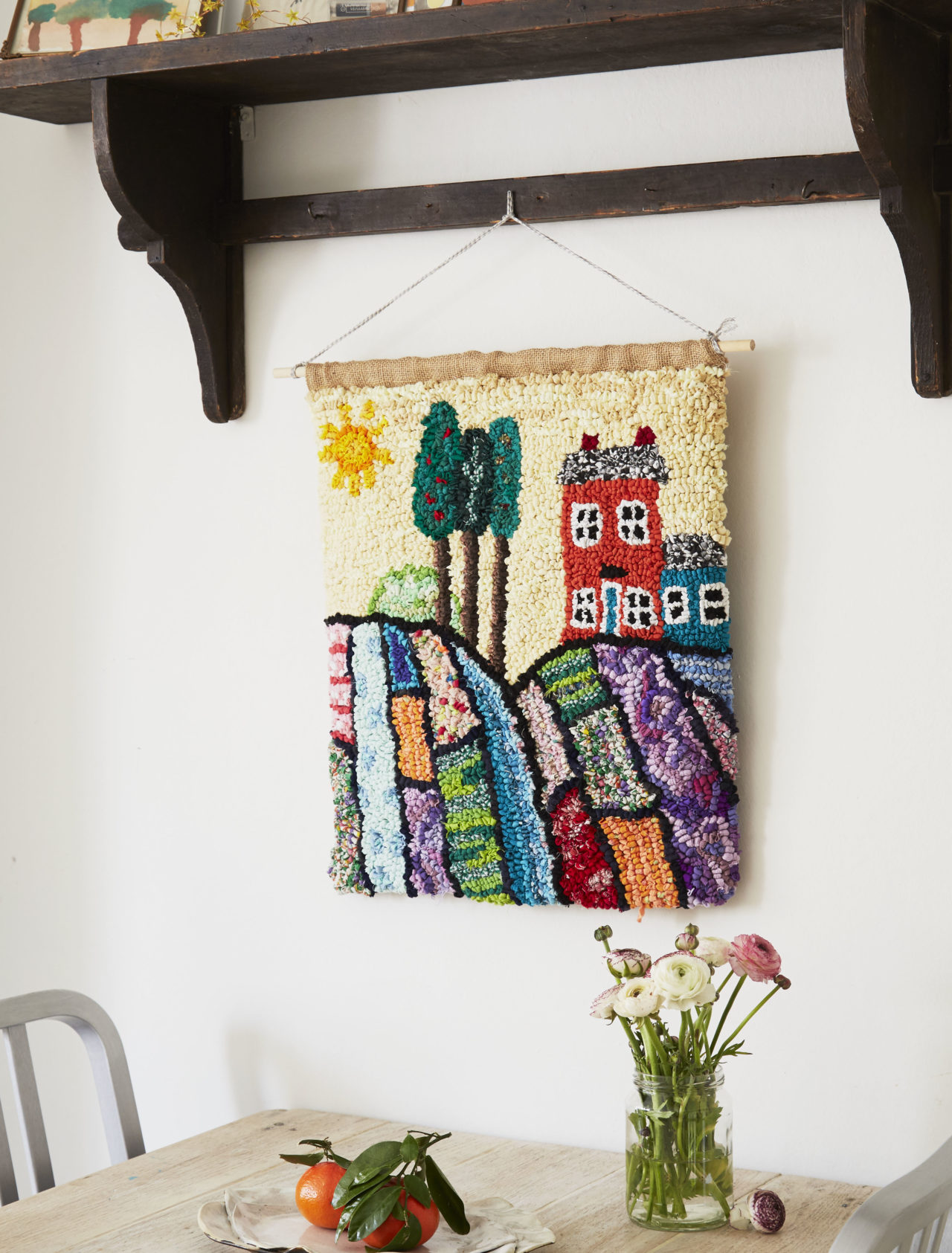 Folk Art Rag Rug Wall Hanging with Rolling Hills and Trees