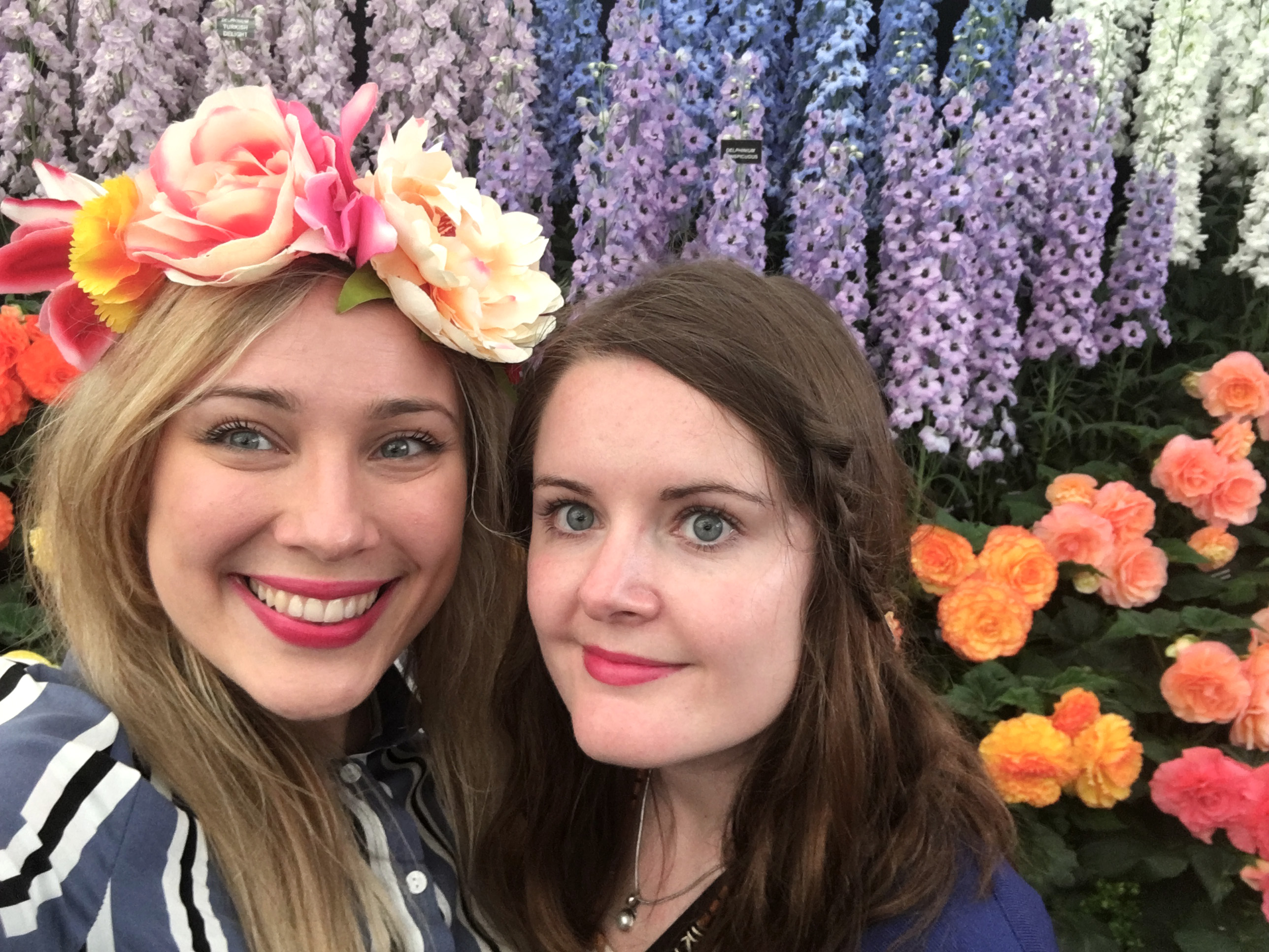 Good friends in front of delphiniums at chelsea flower show