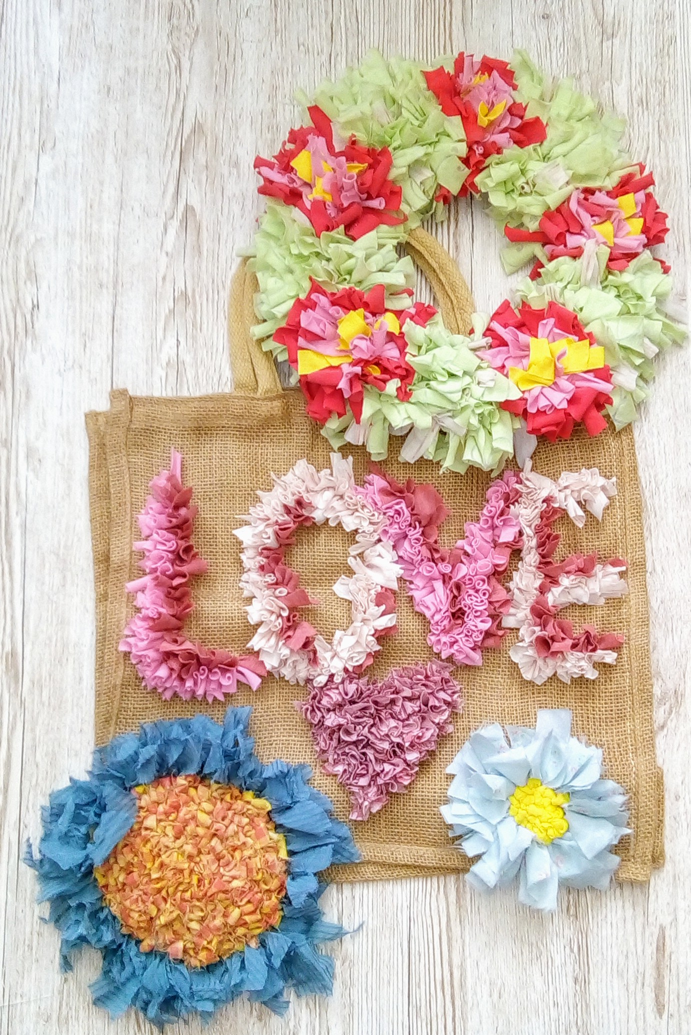 Love rag rug bag and spring wreath and flowers