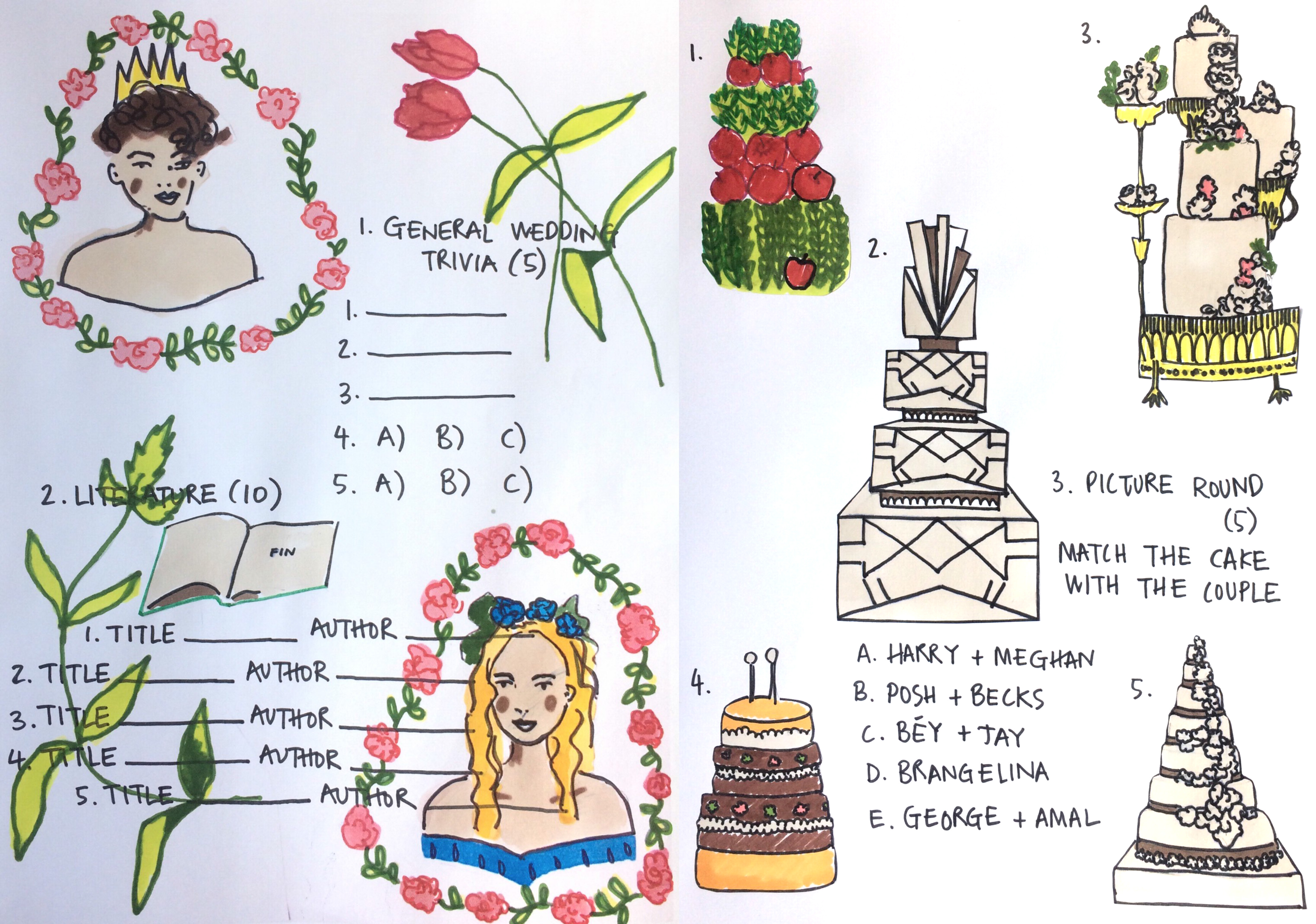 Illustrated Hen Do Quiz Answer Sheet with Wedding Cakes
