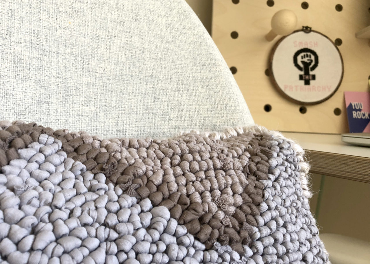 Edge of rag rug cushion made using Hoooked t-shirt yarn