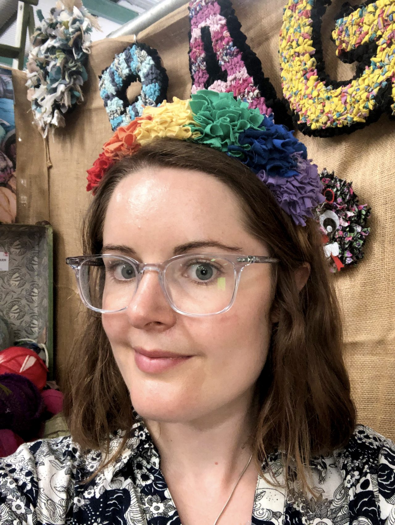 Elspeth Jackson from Ragged Life in a rag rug headband at Woolfest 2019 in Cockermouth