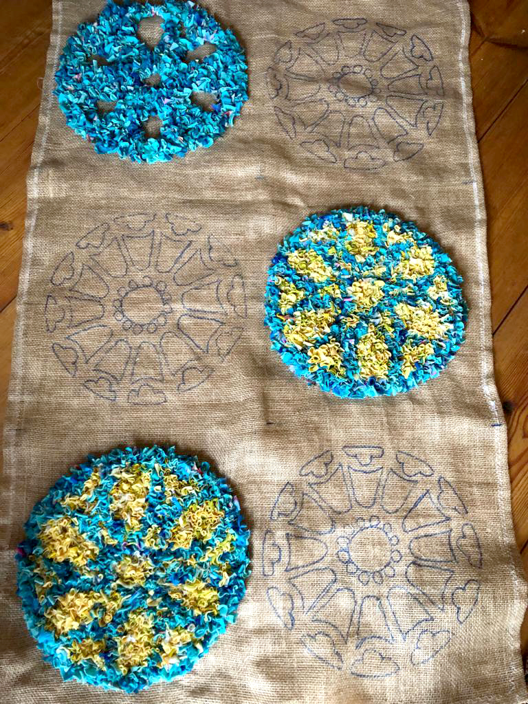 Blue and yellow short shaggy handmade rag rug