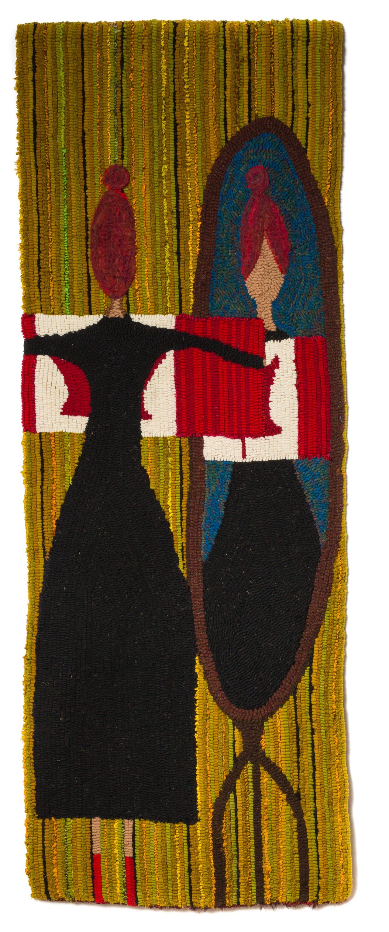 A piece of rug hooked art featuring a central female figure holding a Canadian flag, looking at her reflection in a mirror by Laura Kenney.