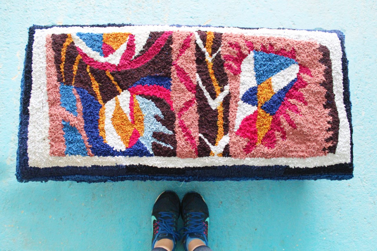 Ragged Life colourful rag rug ottoman based on Gillian Ayres design