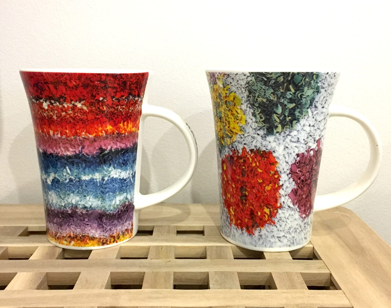 Rag rug gift mugs in rainbow and polkadot patterns