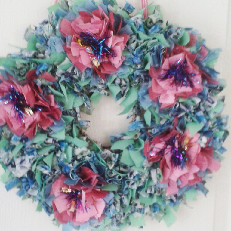 Rag Rug Wreath with Pink Flowers