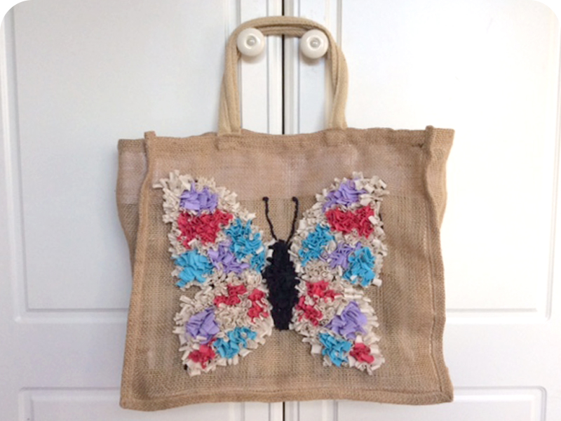 Rag Rug Butterfly Shopping Bag in the Shaggy Rag Rug Technique on Hessian