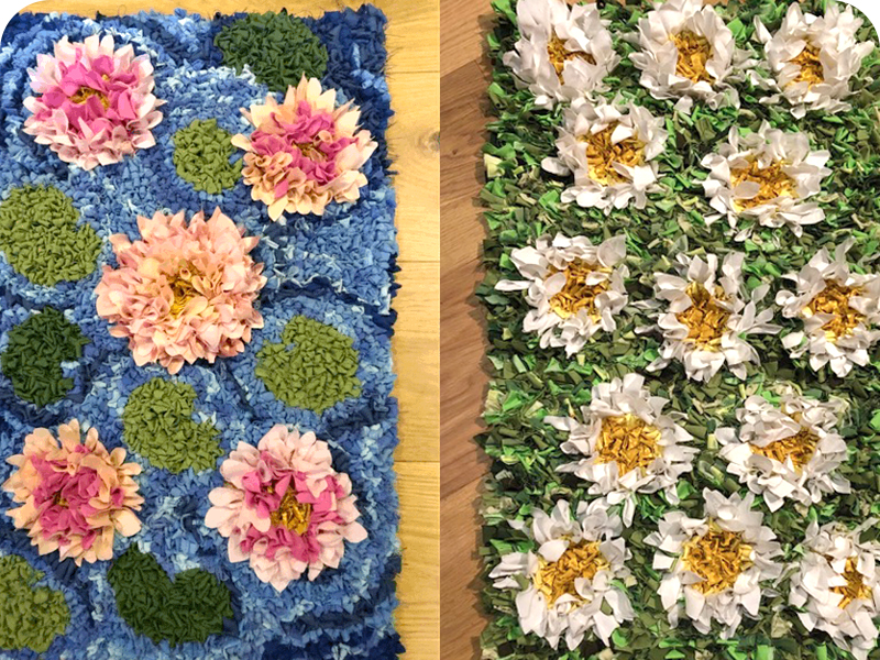 Handmade British rag rugs made from recycled scraps of fabric with flower designs.