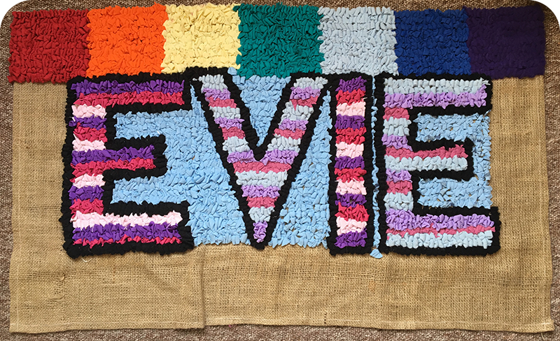Handmade Evie name rainbow rag rug