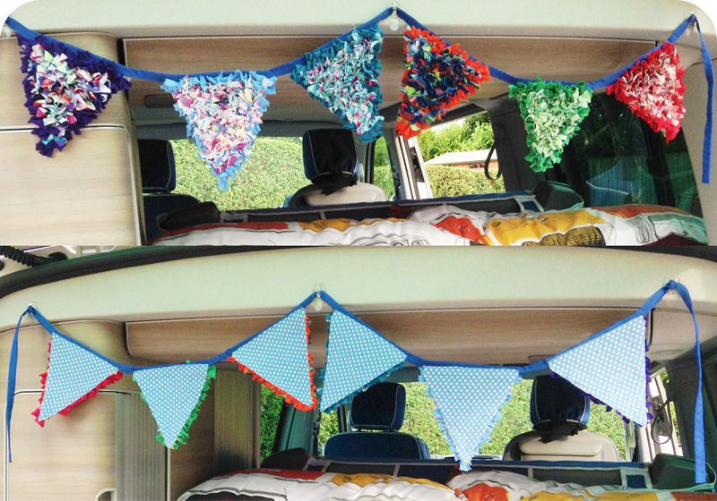 Multicoloured Shaggy rag rug bunting in campervan