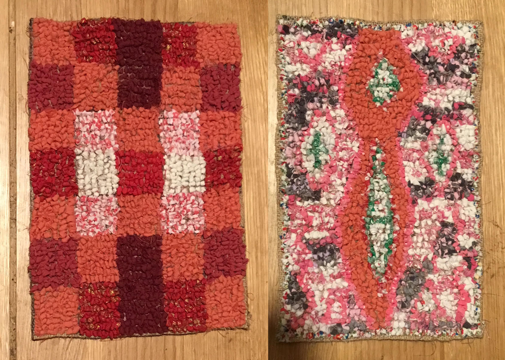 Rag rug placemats in loopy rag rugging in oranges, reds and pink materials.