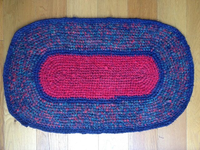 Oval pink and blue recycled rag rug