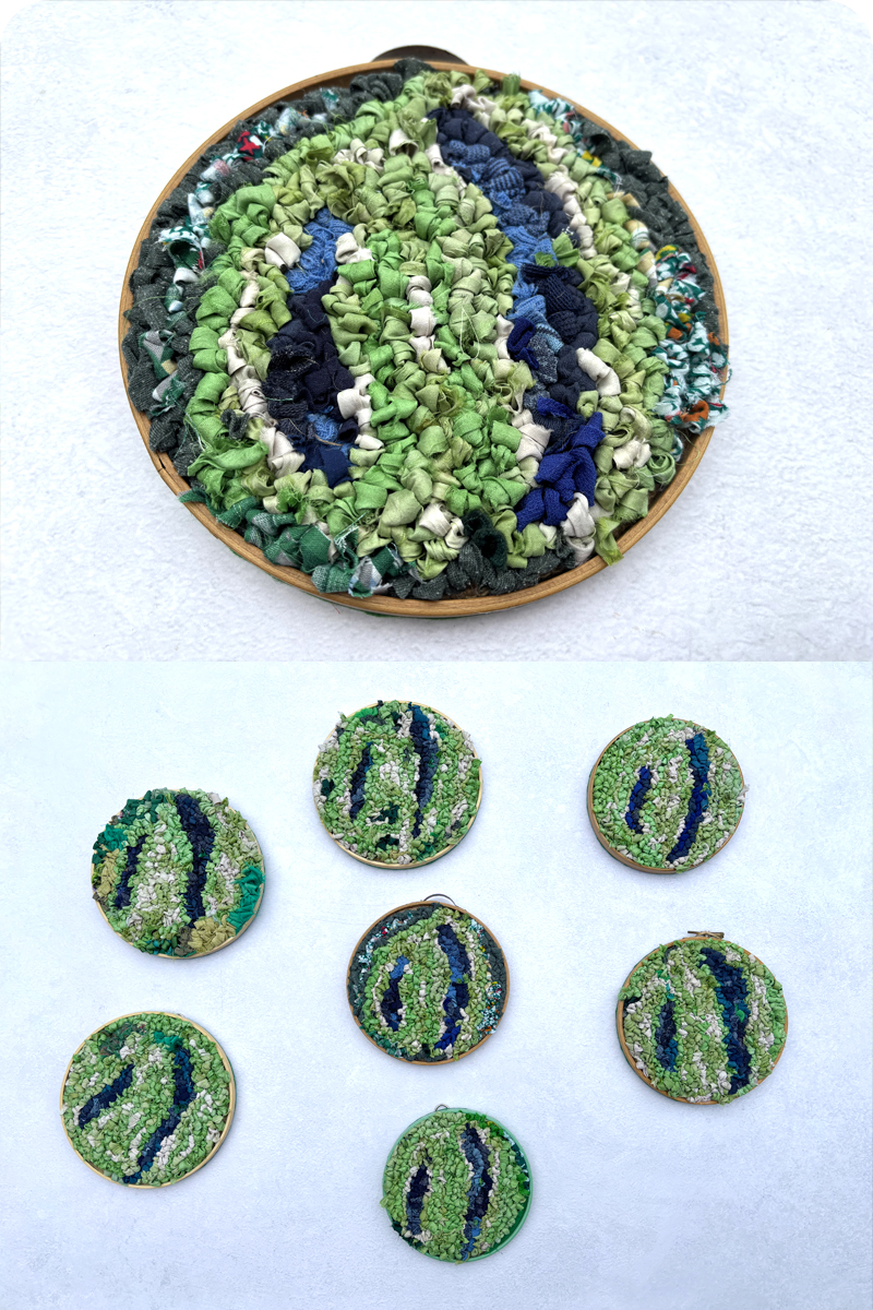 Rag rug art in embroidery hoop frames