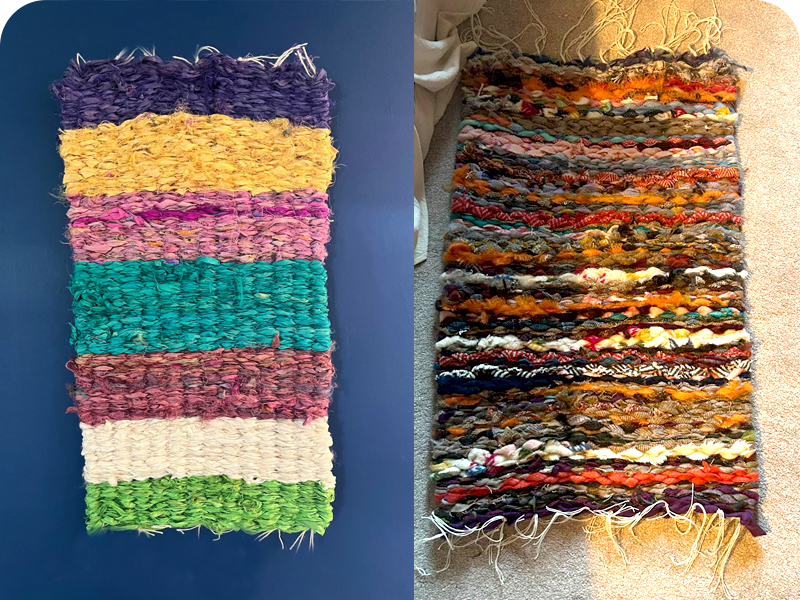 Handmade peg loom woven rag rugs made using recycled sari silk ribbon and woollen blanket selvedge strips.