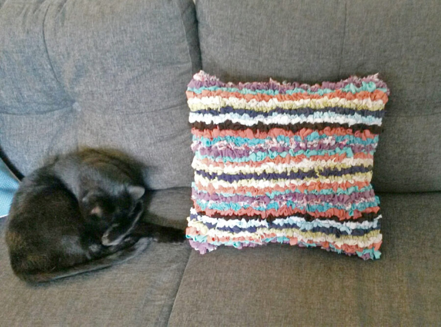 Stripey looped rag rug cushion cat