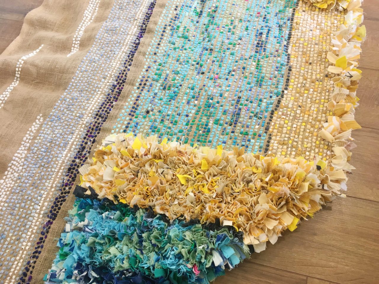 Back of Rag Rug Blue Yellow Rows