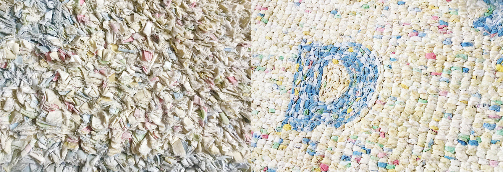 Close up of an old shaggy rag rug with pastel colours