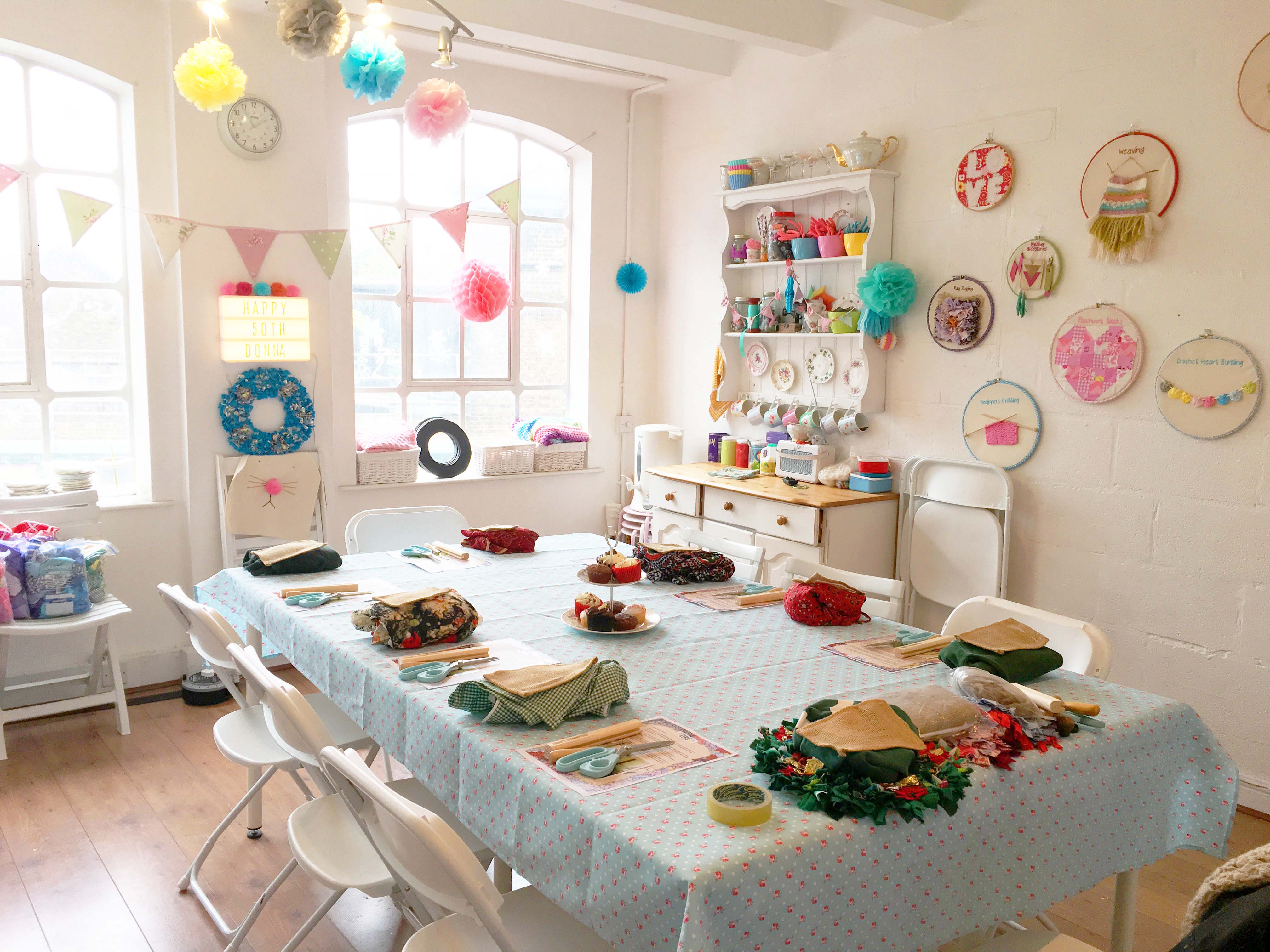 The Table set up before a rag rug workshop at Tea and Crafting in Camden