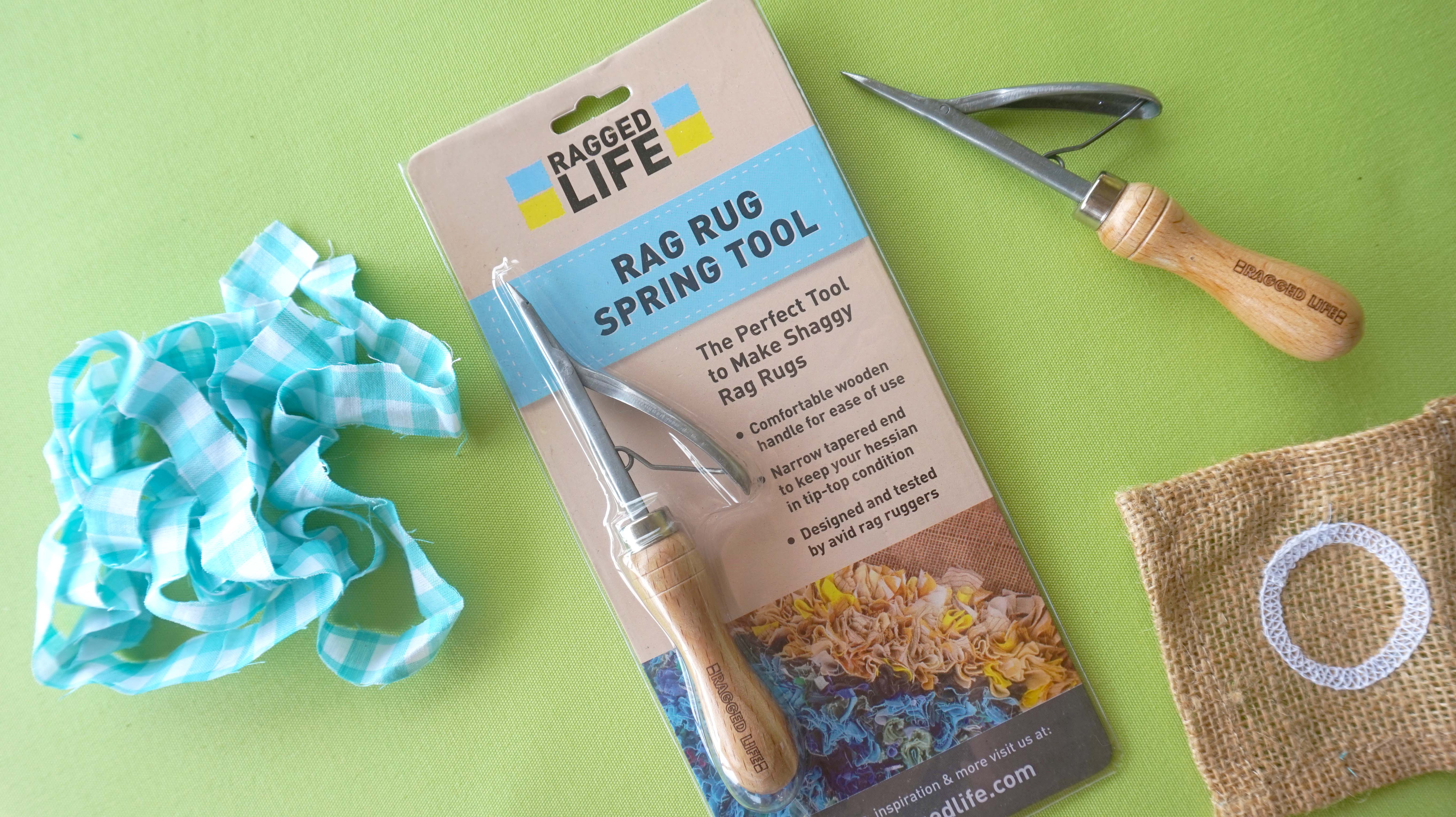 New Ragged Life rag rug spring tool in packaging with rag rug hessian and rags