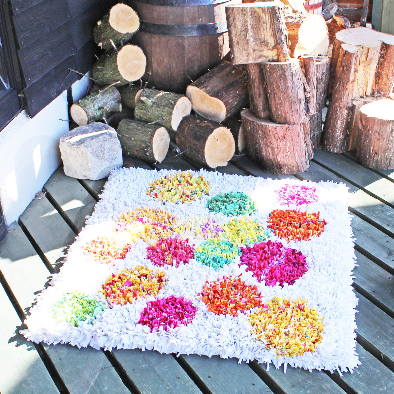 White Spotty Ragged Life Rag Rug with Pink Yellow Green and Orange Dots