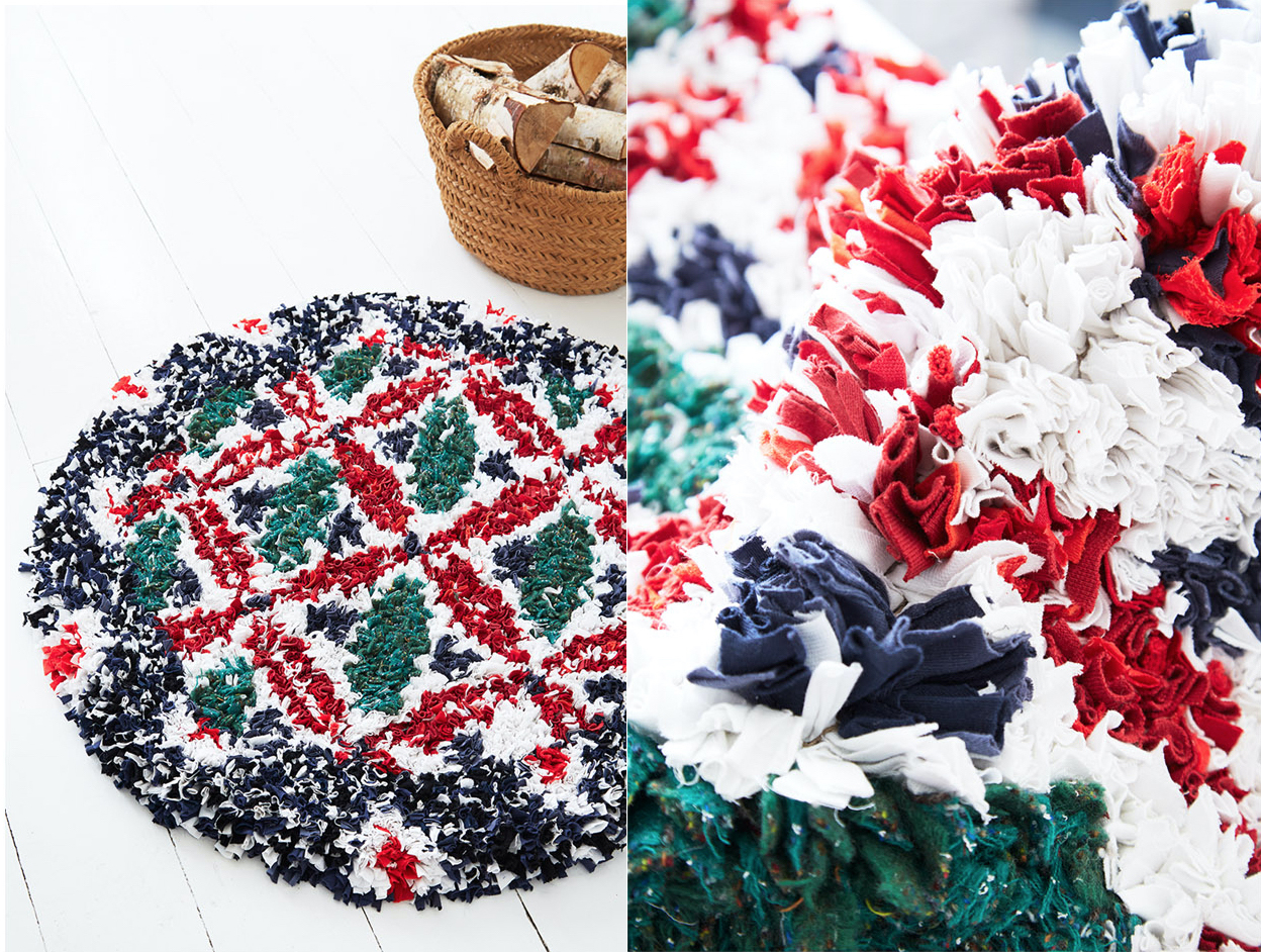 Red, Green and White Circular Shaggy Rag Rug Made with Old T-shirts