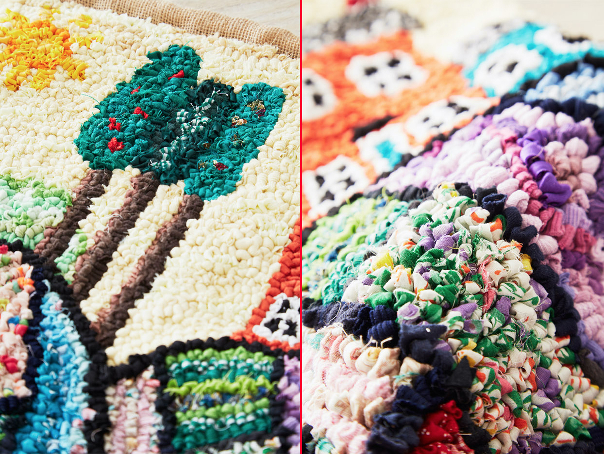 Rag Rug Wall Hanging Close up with trees and a house