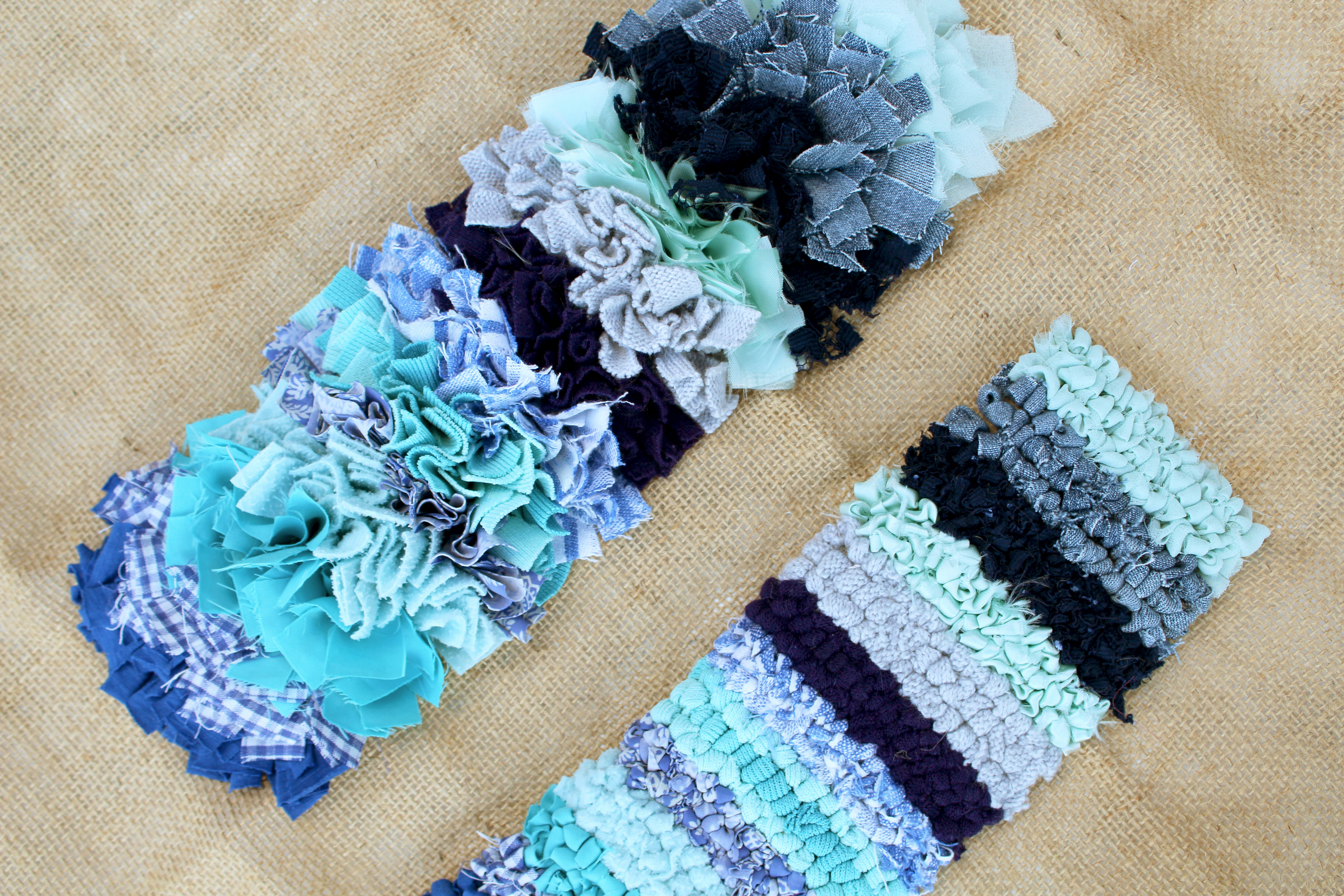 A range of different rag rug fabrics in the shaggy and loopy rag rugging techniques