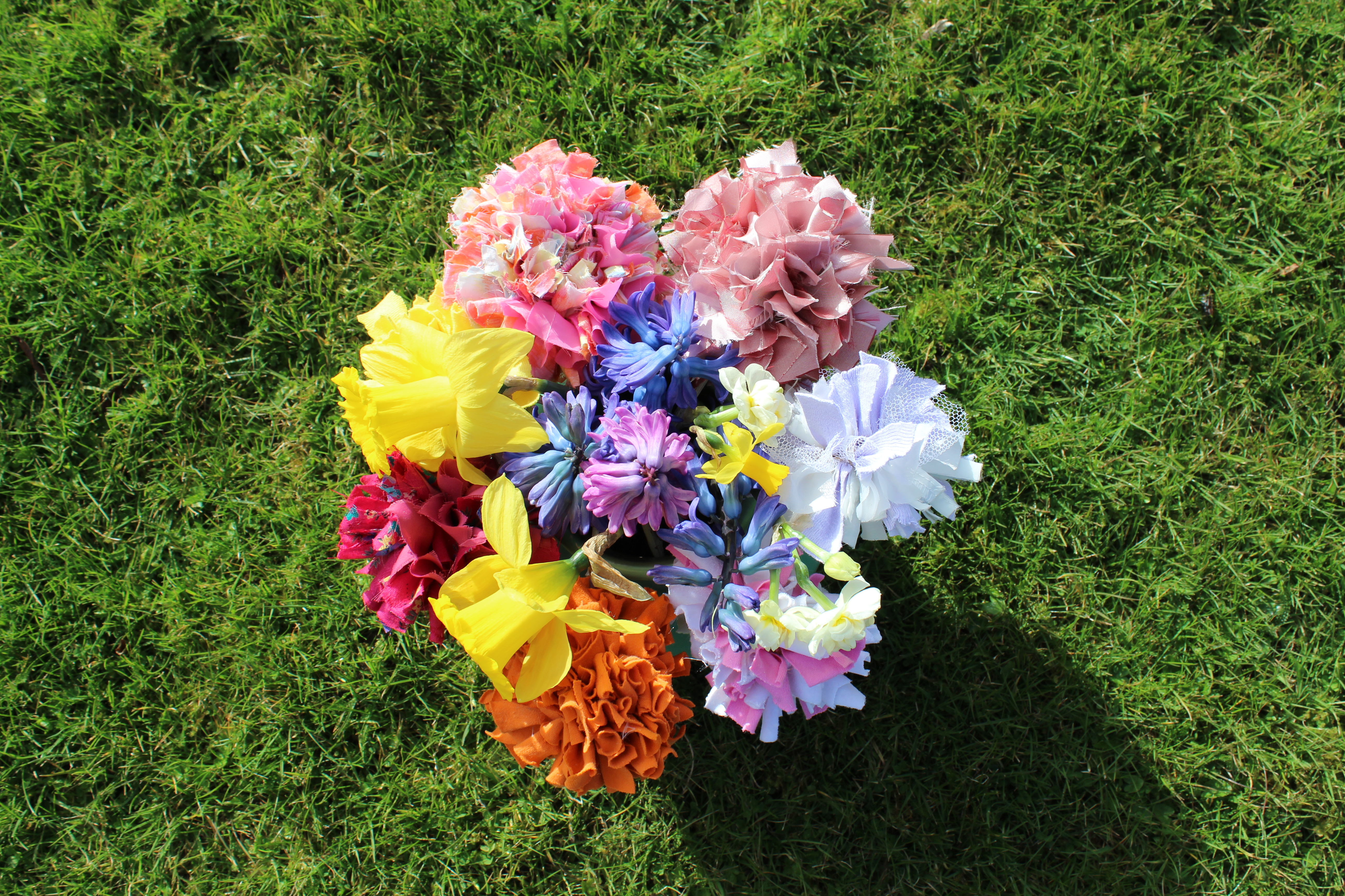 Rag Rug Bouquet of Fabric Flowers and fresh ones