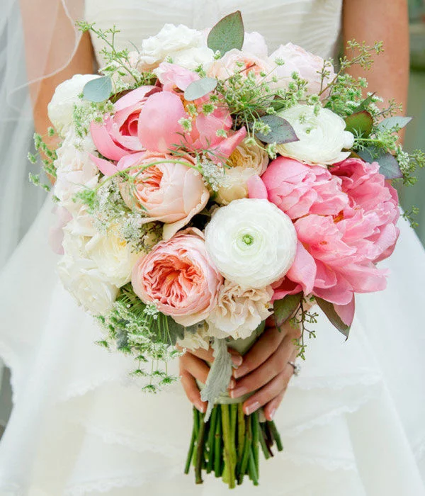 Peony bridal bouquet in pinks and mint