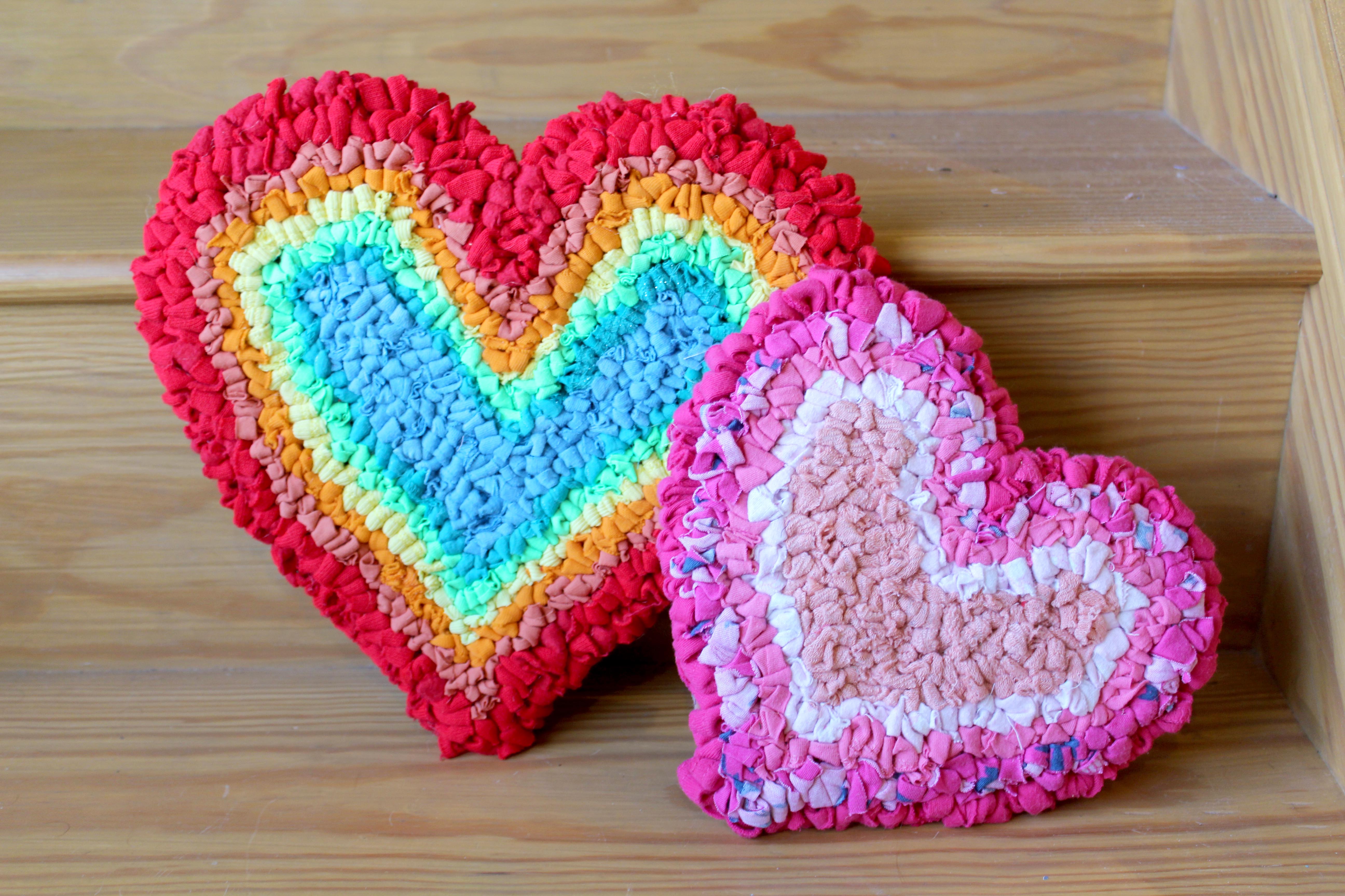 Rag Rug rainbow heart and pink heart made out of upcycled clothing