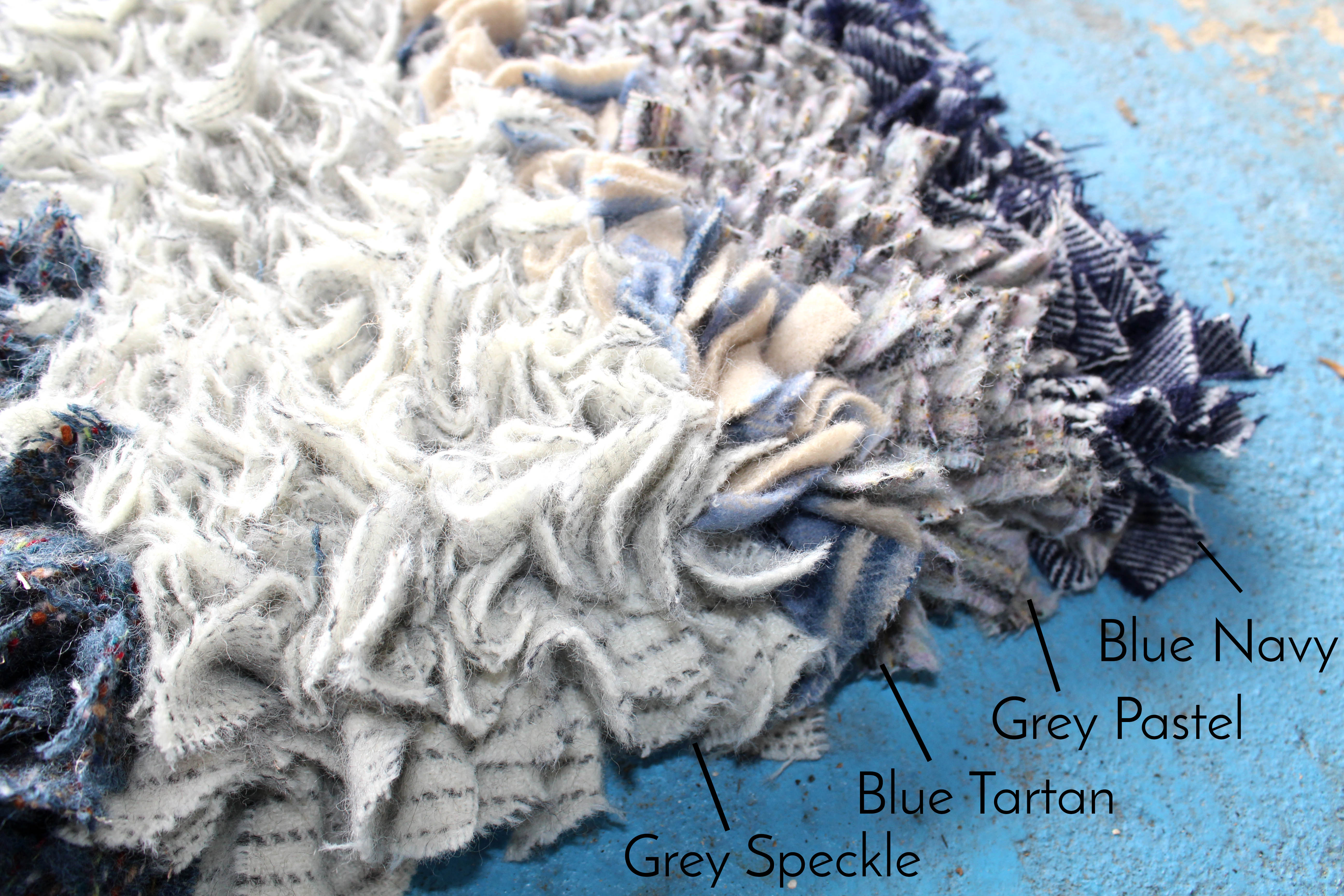 Woollen rag rug made using 100% wool in blues and greys