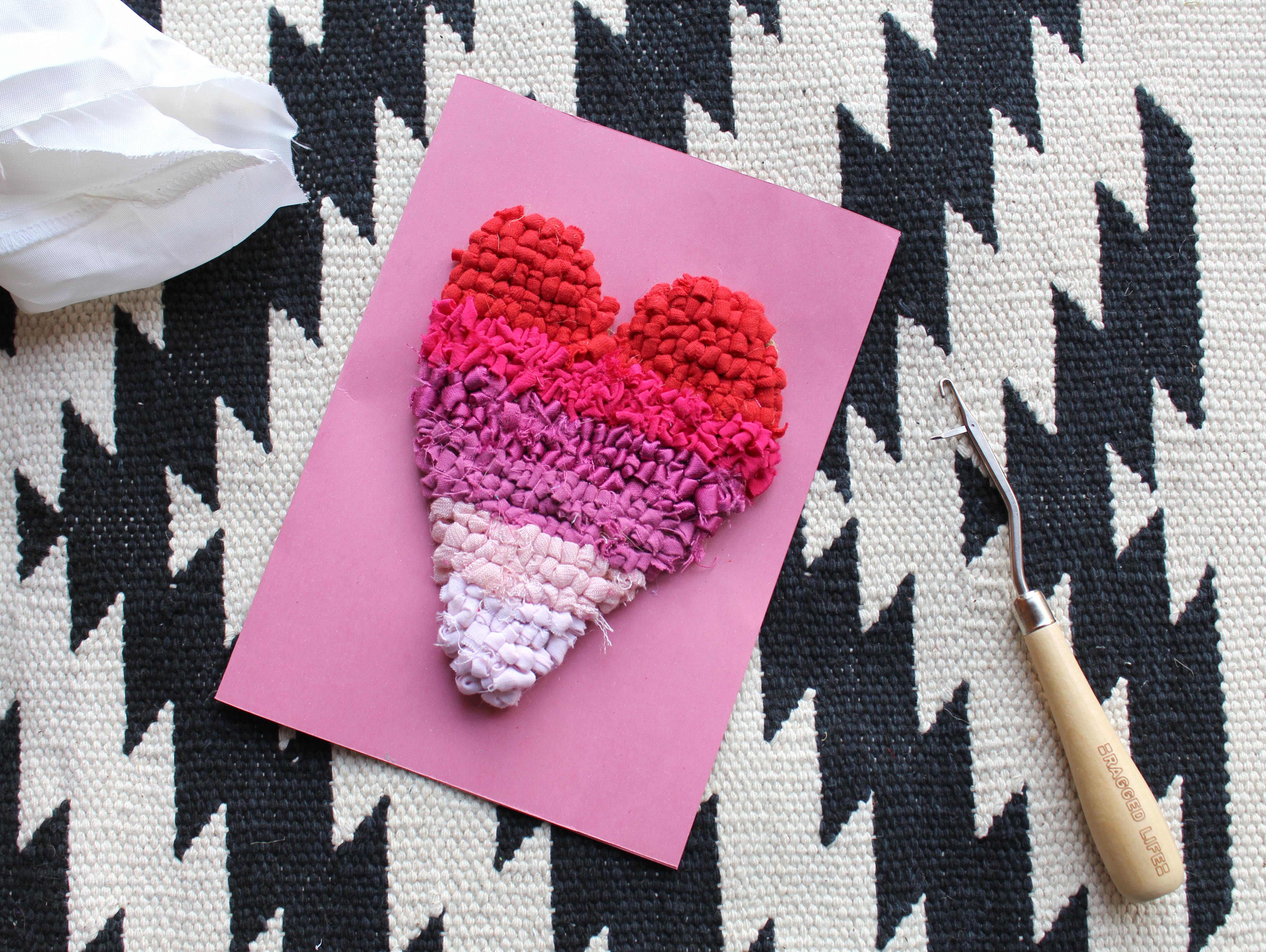 Valentine's Day Pink Rag Rug Card made using a latch hook