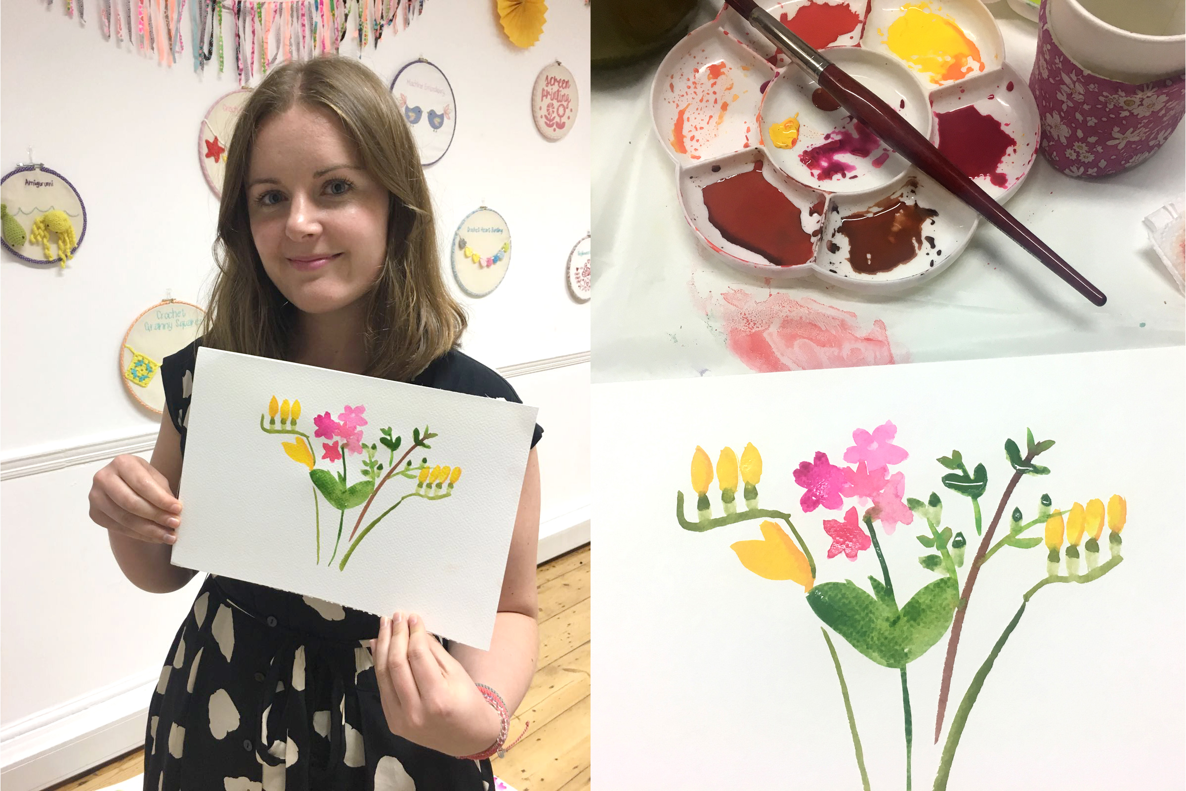 Beginners watercolour flowers including freesias, stocks and box hedge.