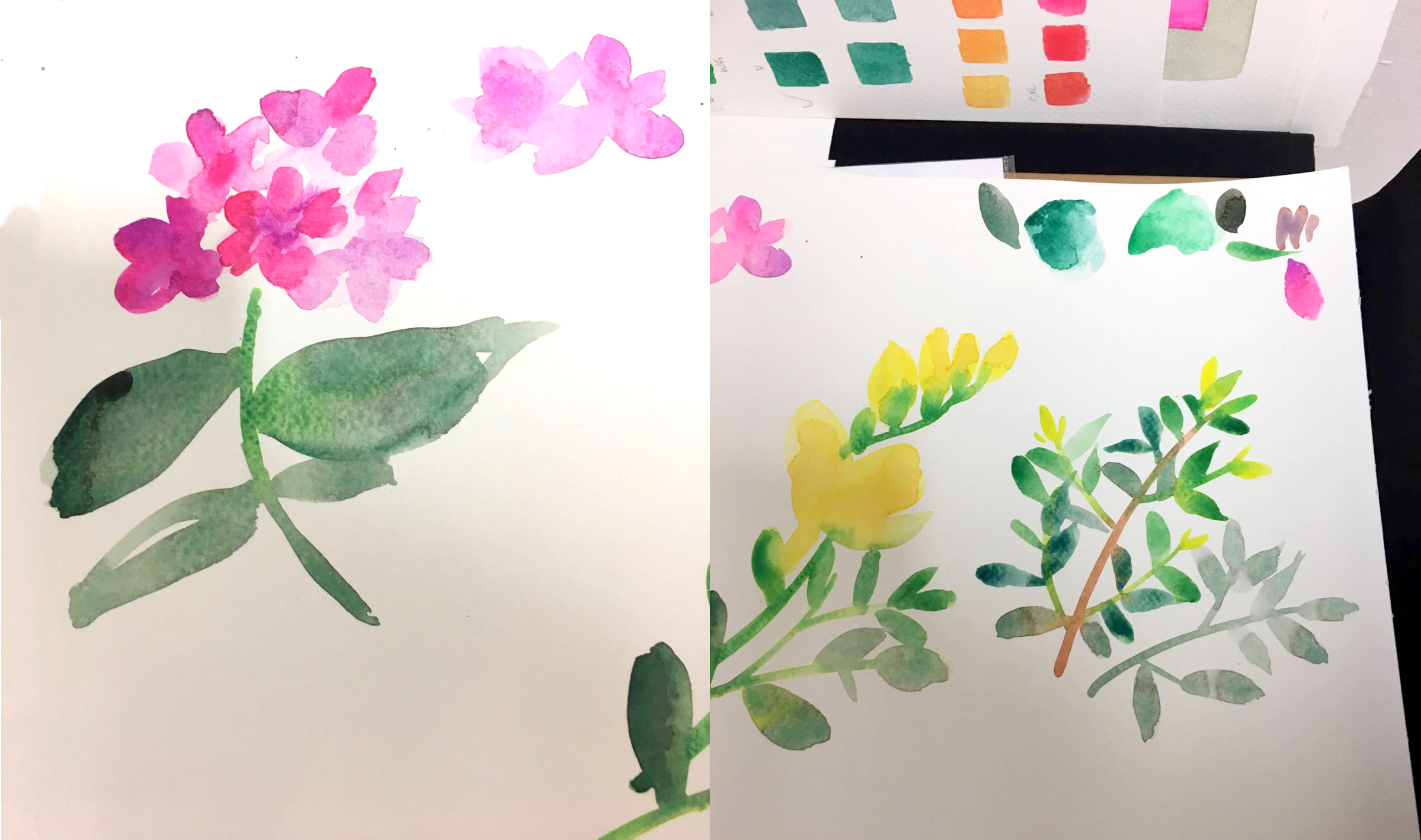 Watercolour flowers in pink, yellow and green
