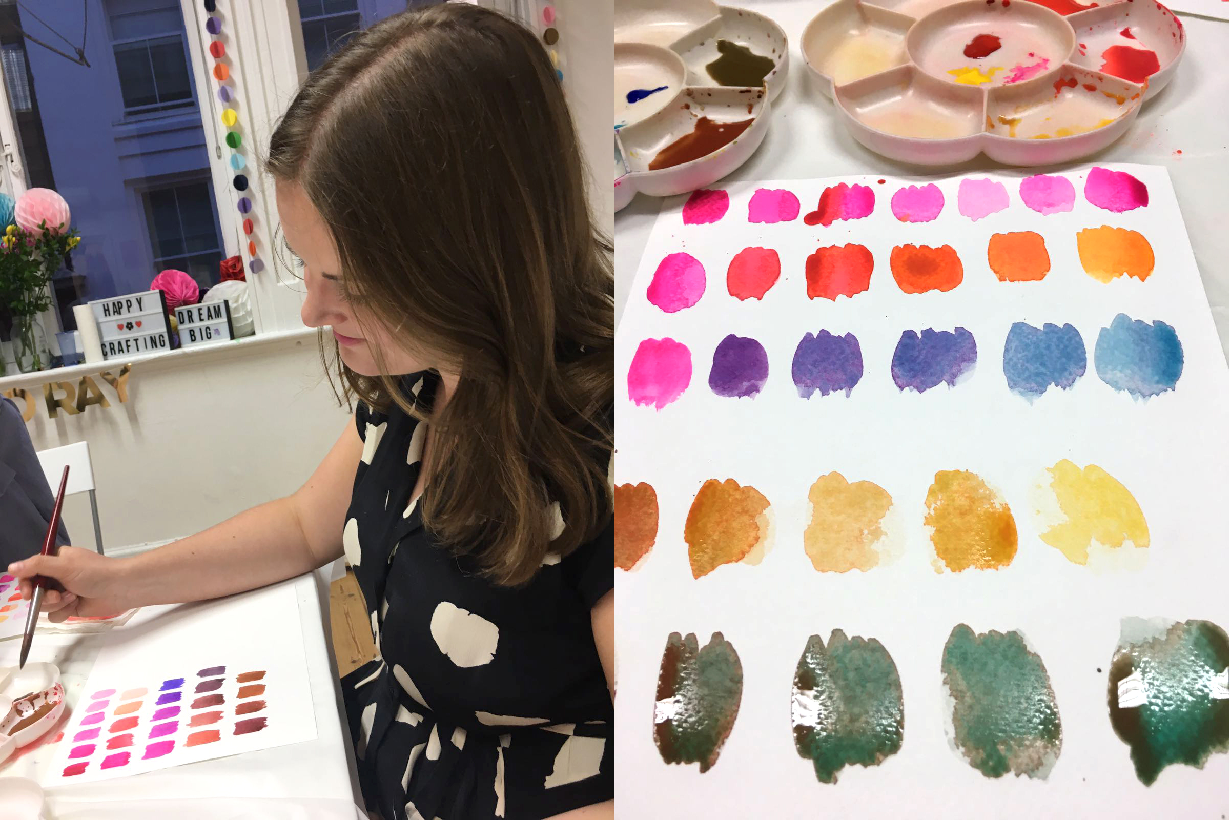 Watercolour class with different colours of paints and daisy trays