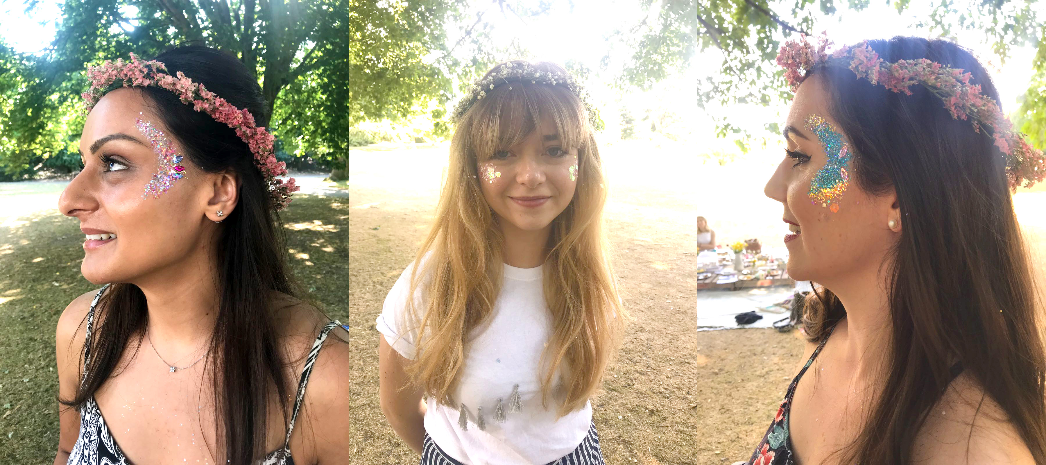 Face glitter at bohemian hen do in the park with flower crowns