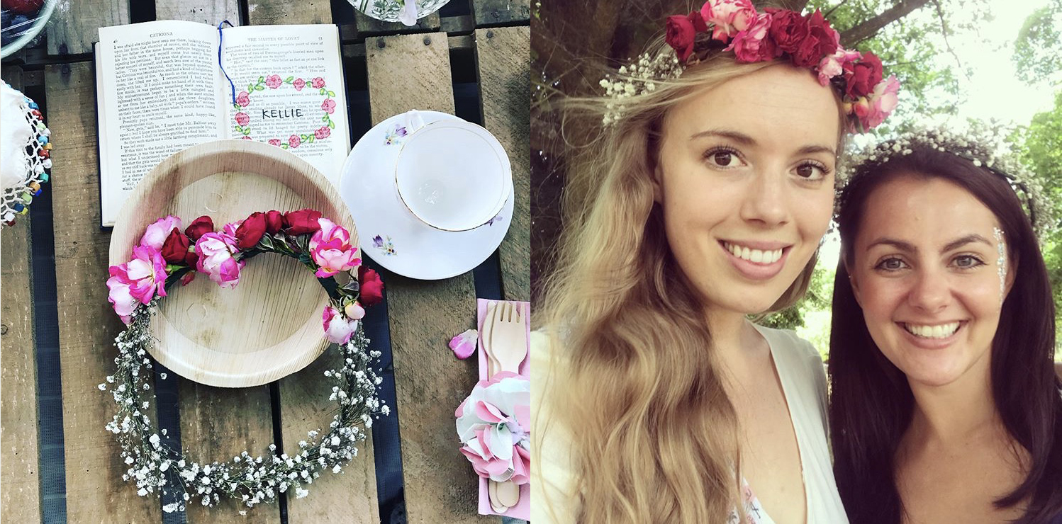 Rose and gypsophila flower crown at handmade hen do bohemian and vintage