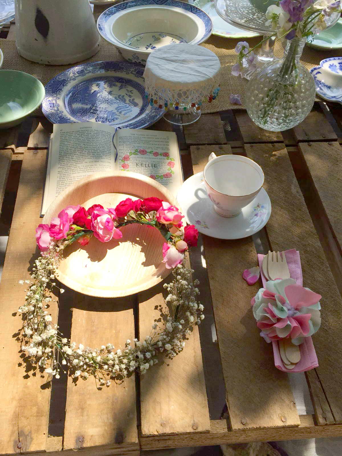 Hen Do Flower Crown and Place Setting with Tea Cup and place name and picnic wares