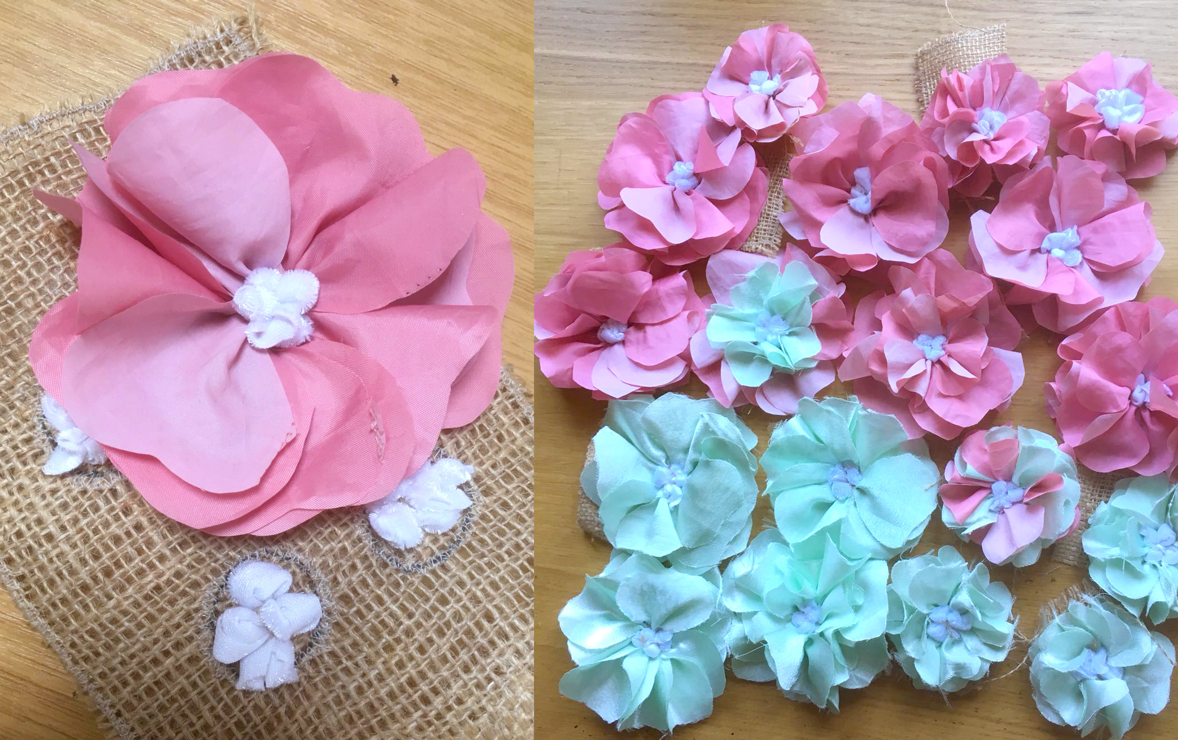 Rag Rug Shaped Flowers in pink and blue on hessian with loopy and shaggy rag rugging