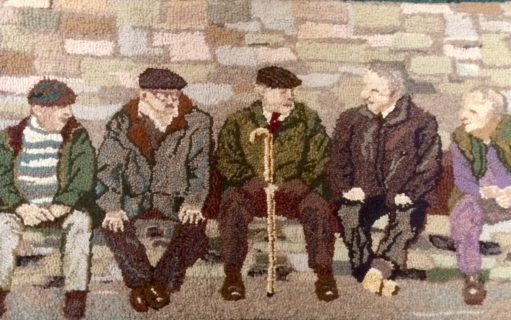 Men on a Bench Heather Ritchie BBC 4 Make rag rugging woman recycled artwork