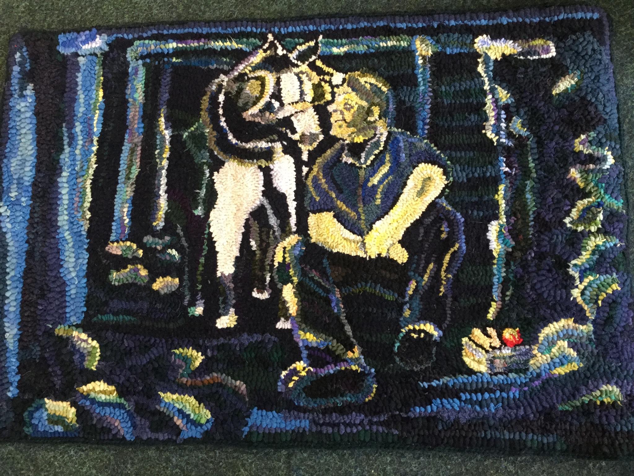 Rag Rug miner and dog picture by Heather Ritchie hooked rag rug wall hanging