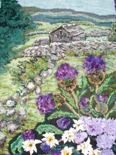 Rag rug landscape of yorkshire dales with purple flowers and cottage by Heather Ritchie