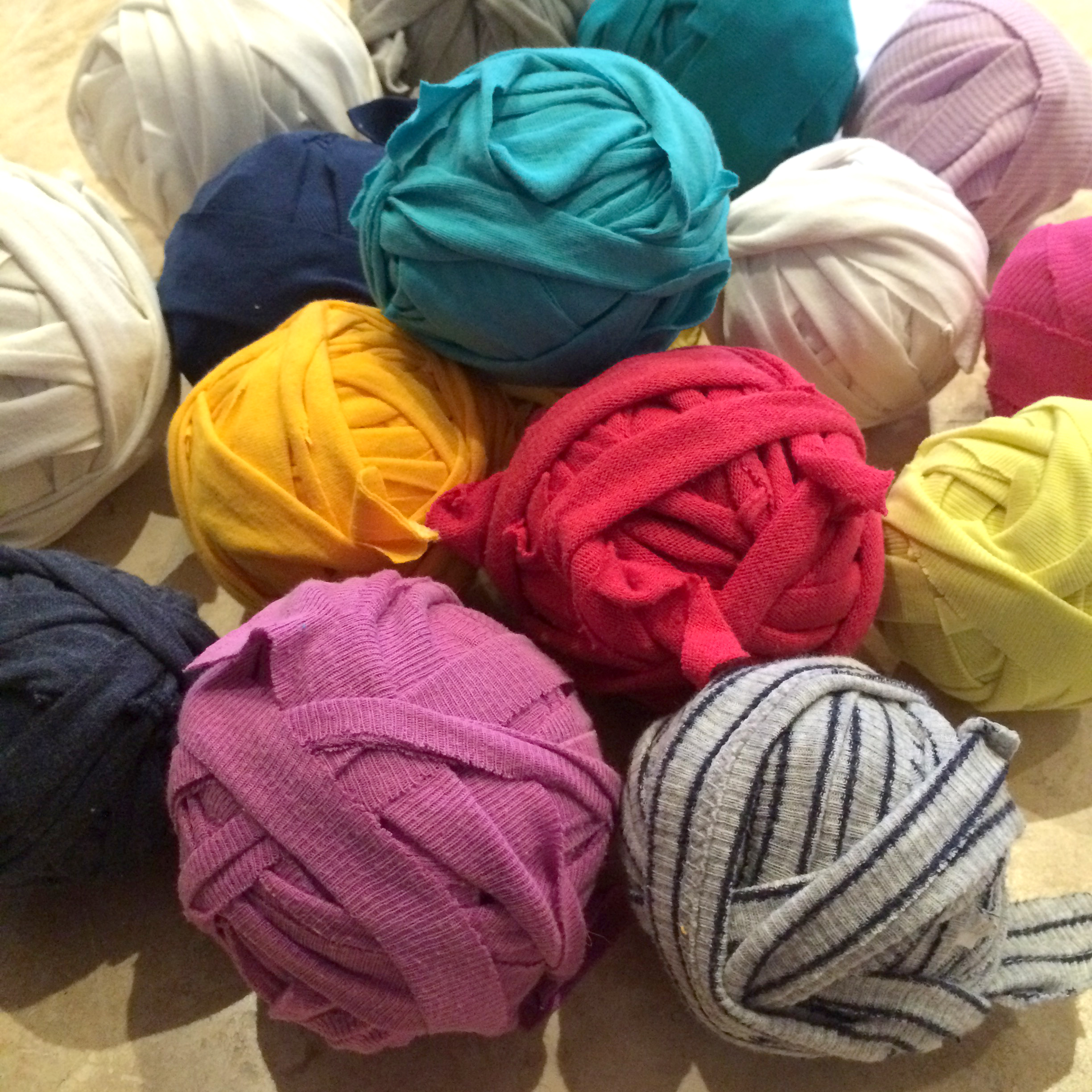 Balls of Handmade T-shirt Yarn for rag rug making