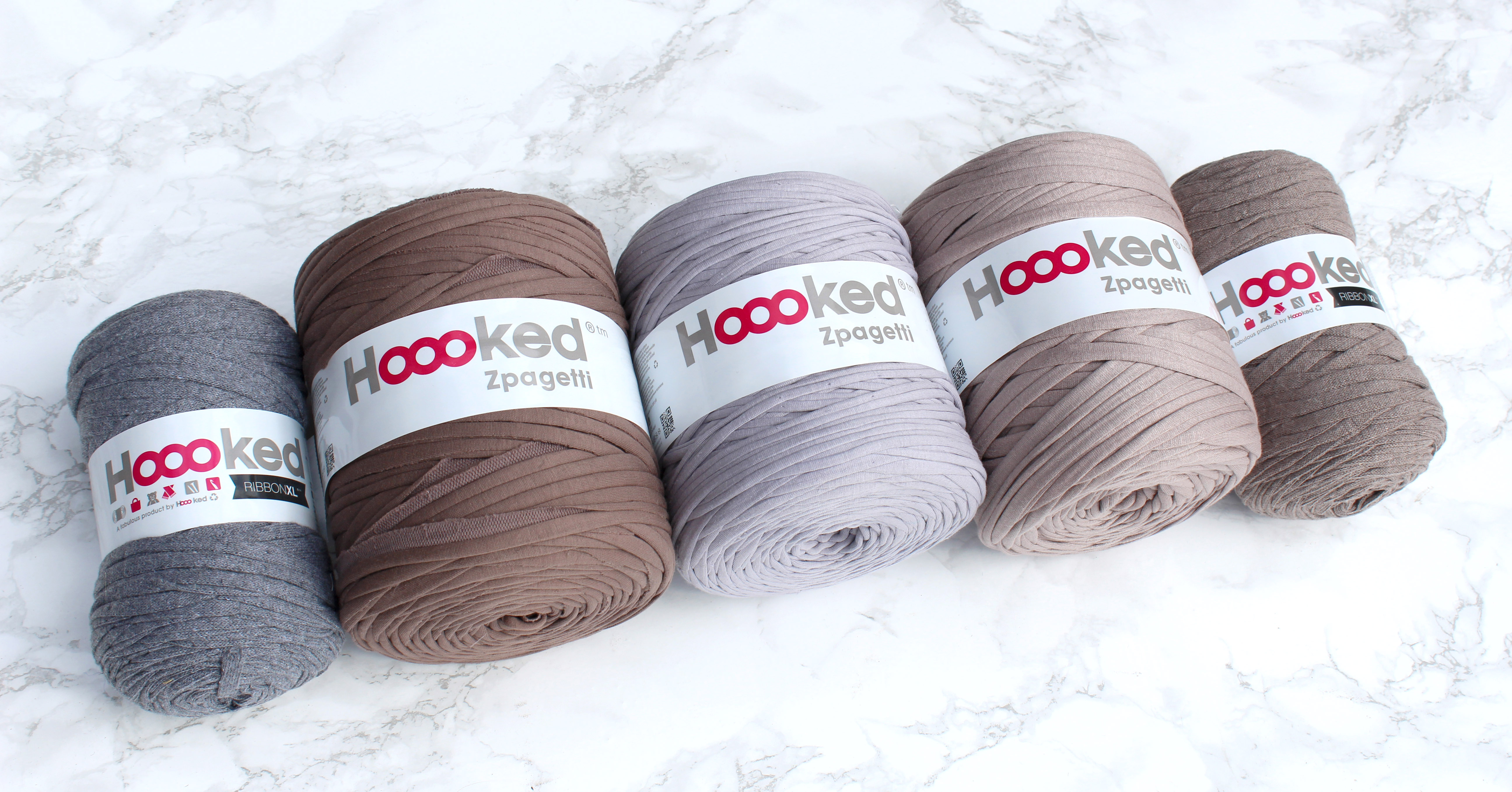 Hoooked Zpaghetti t-shirt yarn for rag rugging in neutral colours including greys and browns